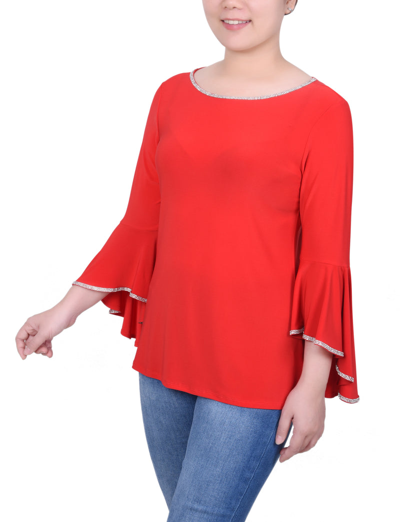 Petite Long Bell Sleeve Tunic Top With Stone Details