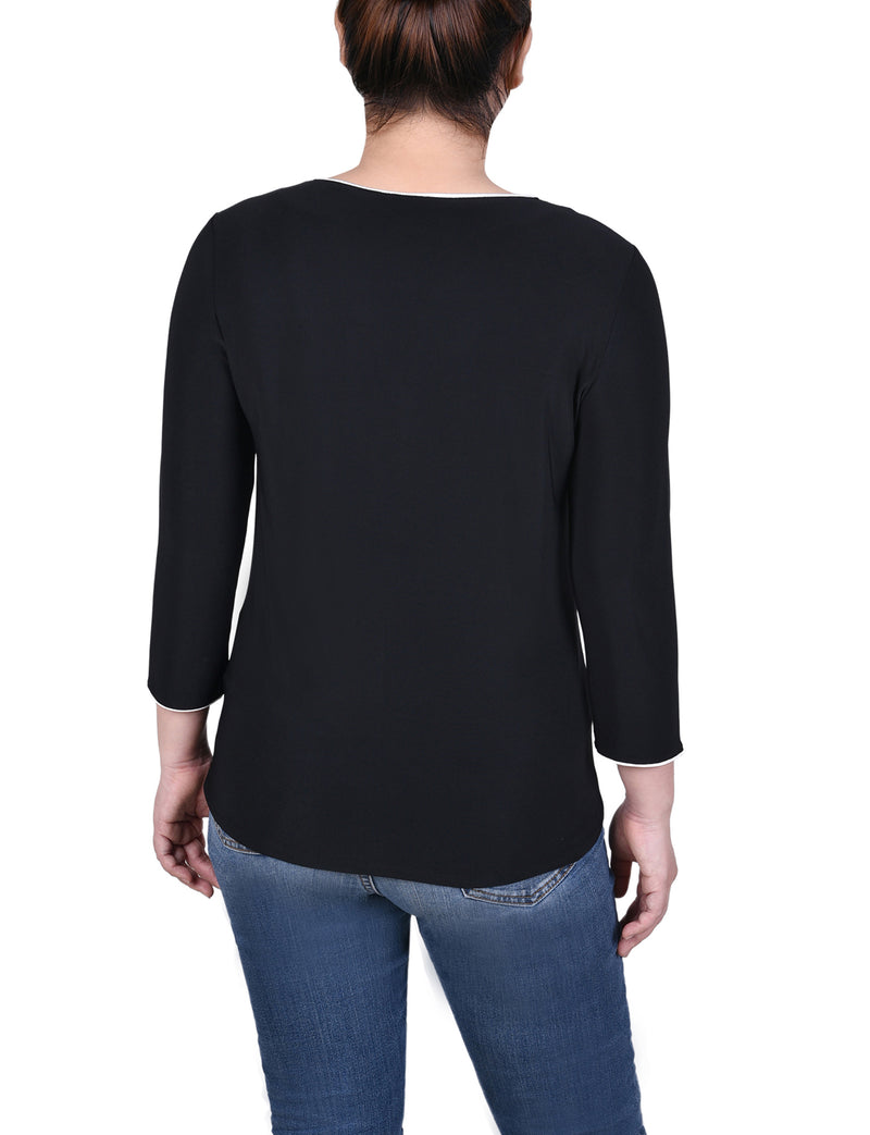 Petite 3/4 Sleeve Piped Top