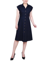 Petite Short Sleeve Button Front Linen Dress