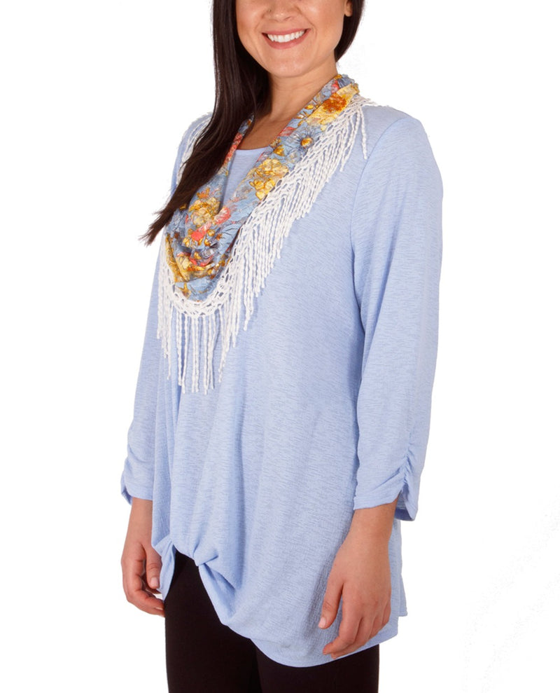 Petite 3/4 Rouched Sleeve Twist Front Top With Detachable Scarf