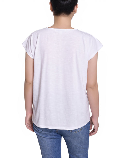 Petite Embroidered Yoke Extended Sleeve Top