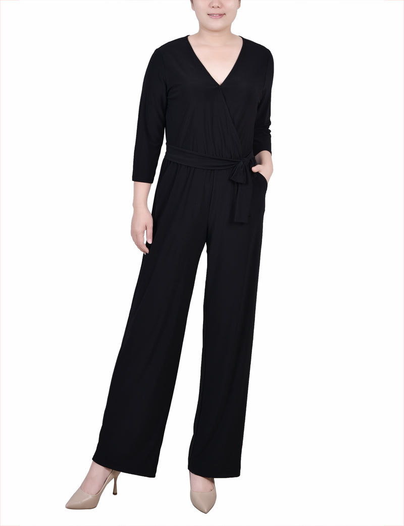 3/4 Sleeve Belted Jumpsuit