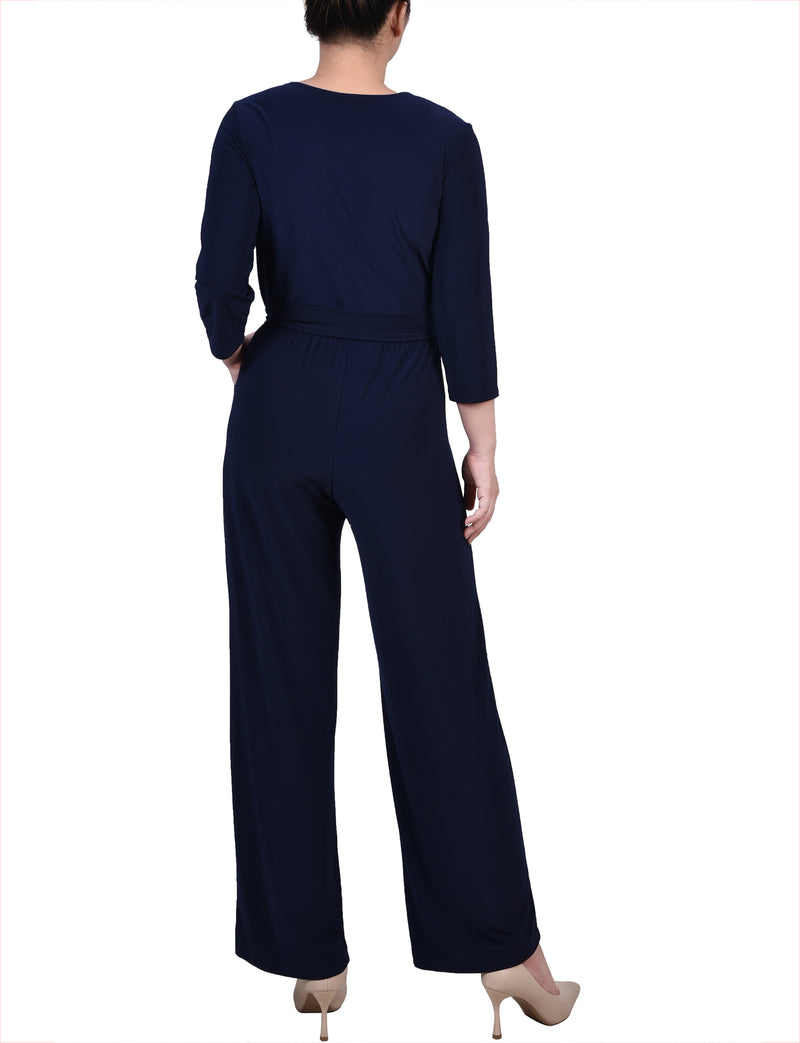 3/4 Sleeve Belted Jumpsuit