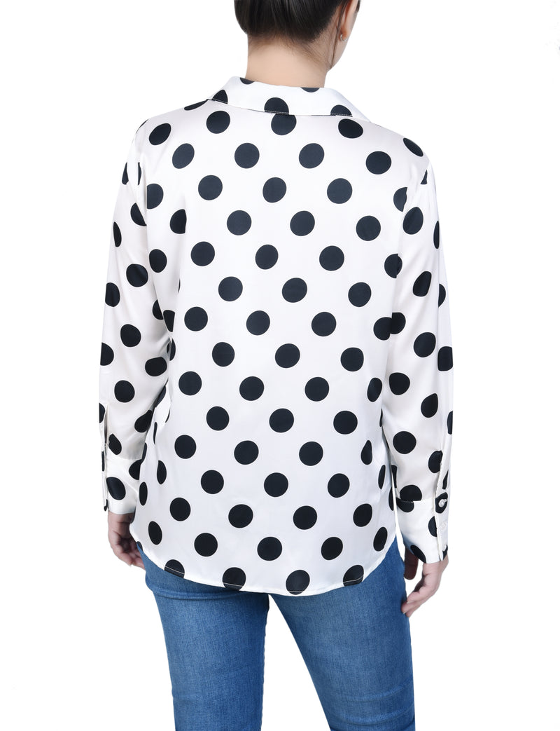 Petite Long Sleeve Dotted Satin Blouse