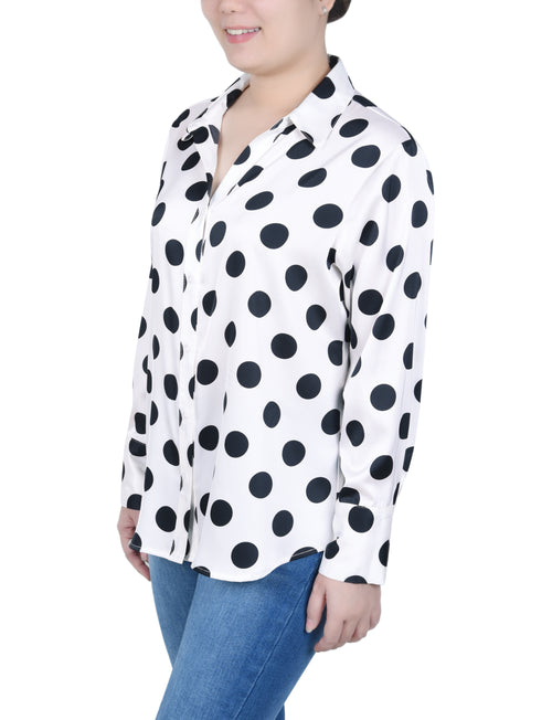 Petite Long Sleeve Dotted Satin Blouse