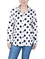 Petite Long Sleeve Dotted Satin Blouse