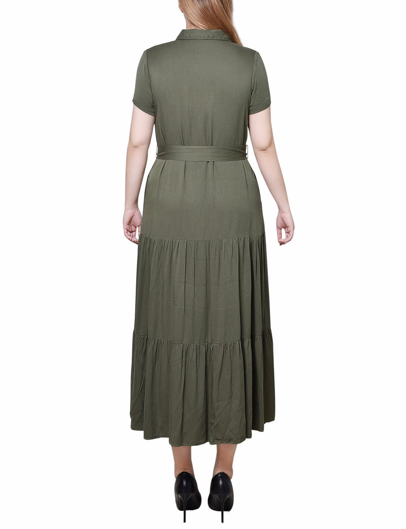 Petite Short Sleeve Midi Twill Dress