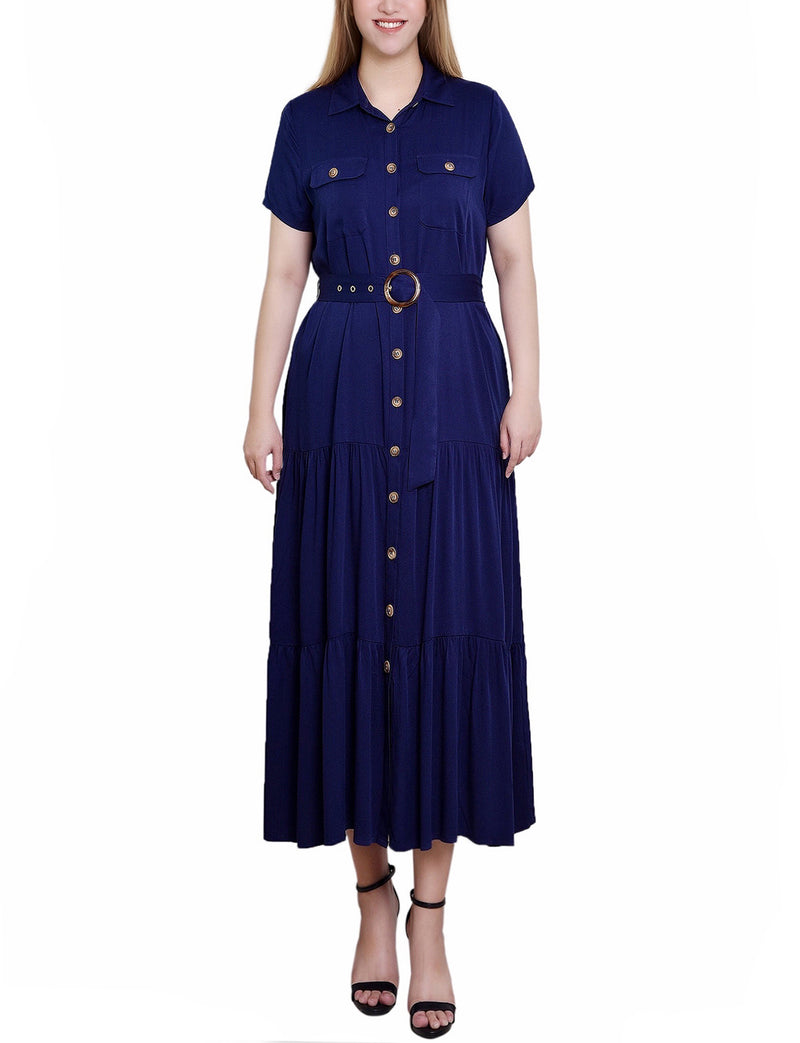 Petite Short Sleeve Midi Twill Dress