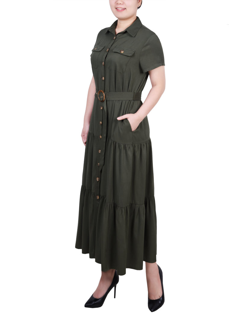 Petite Short Sleeve Midi Twill Dress