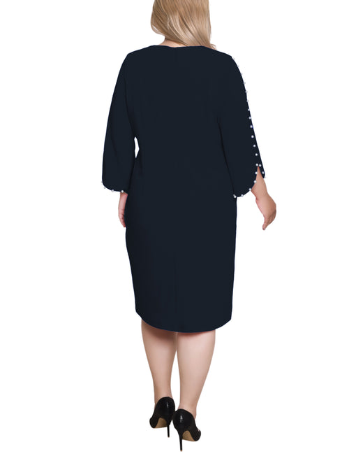 Plus Size 3/4 Pearl-Detail Petal Sleeve Dress