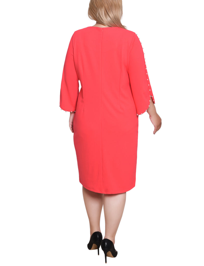 Plus Size 3/4 Pearl-Detail Petal Sleeve Dress