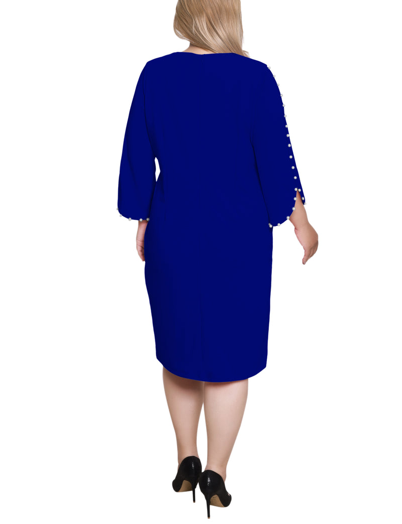 Plus Size 3/4 Pearl-Detail Petal Sleeve Dress