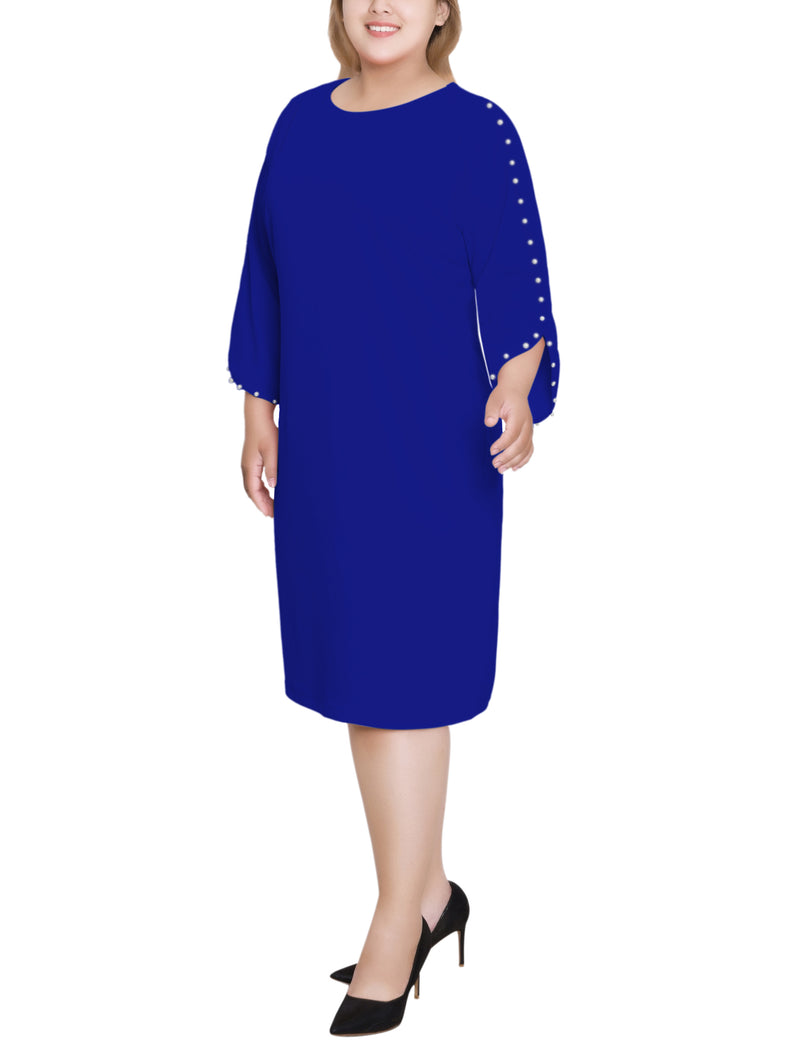 Plus Size 3/4 Pearl-Detail Petal Sleeve Dress