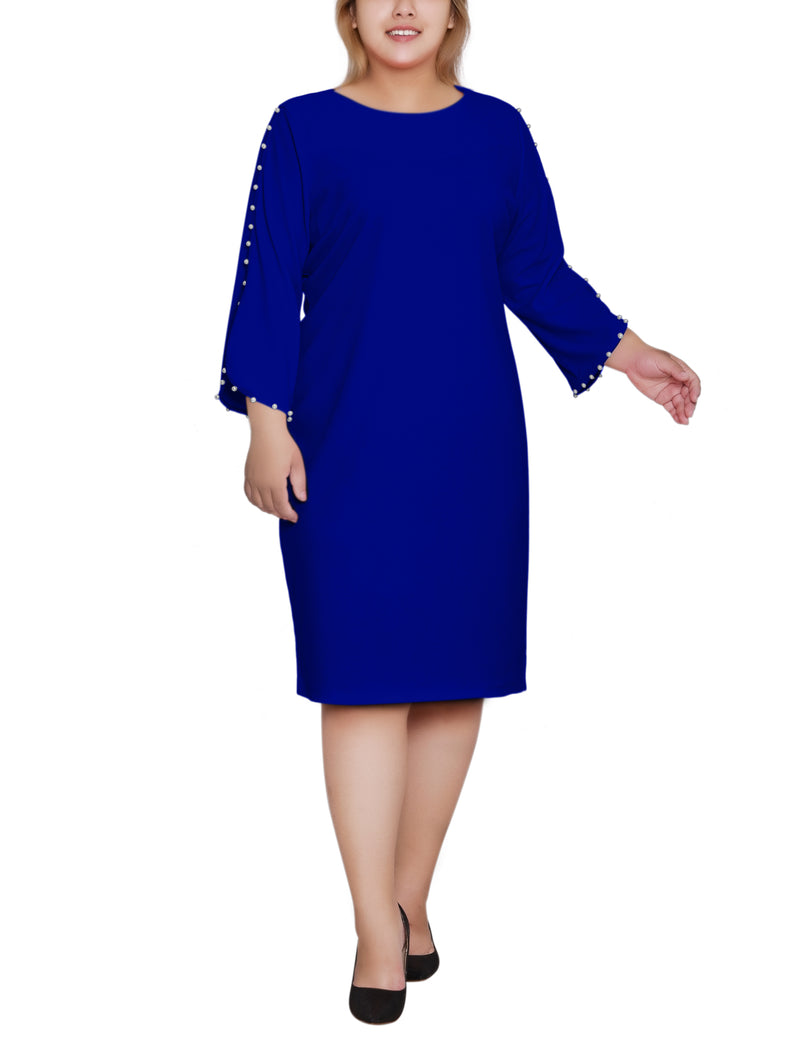 Plus Size 3/4 Pearl-Detail Petal Sleeve Dress