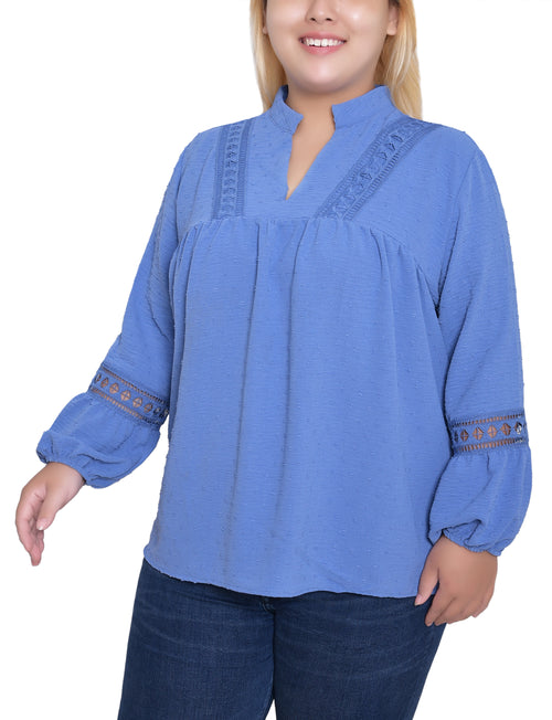 Plus Size Long Sleeve Blouse With Crochet Trim