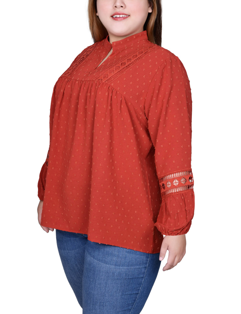Plus Size Long Sleeve Blouse With Crochet Trim