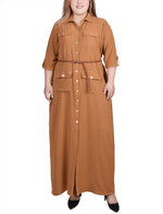 Plus Size 3/4 Sleeve Safari Style Belted Shirtdress