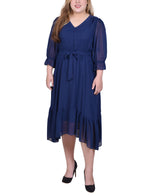Plus Size 3/4 Sleeve V-Neck Flounced Dress