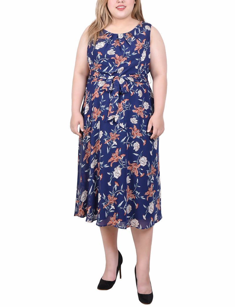 Plus Size Sleeveless Chiffon Belted Dress Navy Floral / 1X