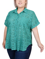 Plus Size Short Sleeve Eyelet/Jersey Blouse