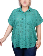 Plus Size Short Sleeve Eyelet/Jersey Blouse