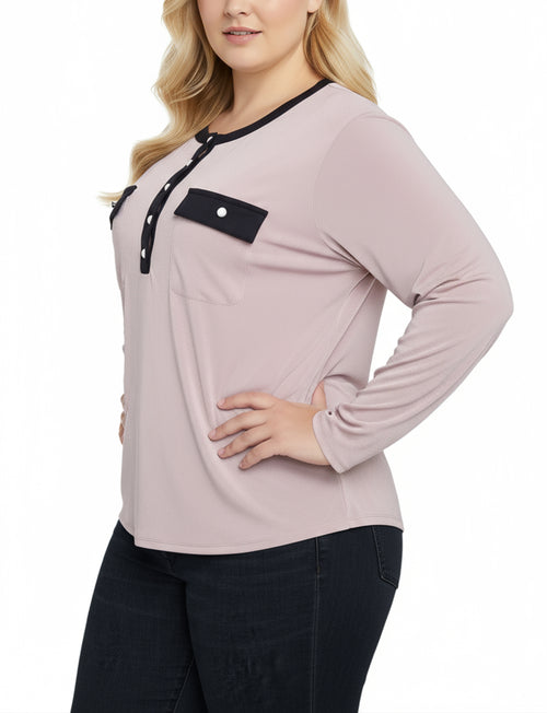 Plus Size Long Sleeve Contrast Detail Top
