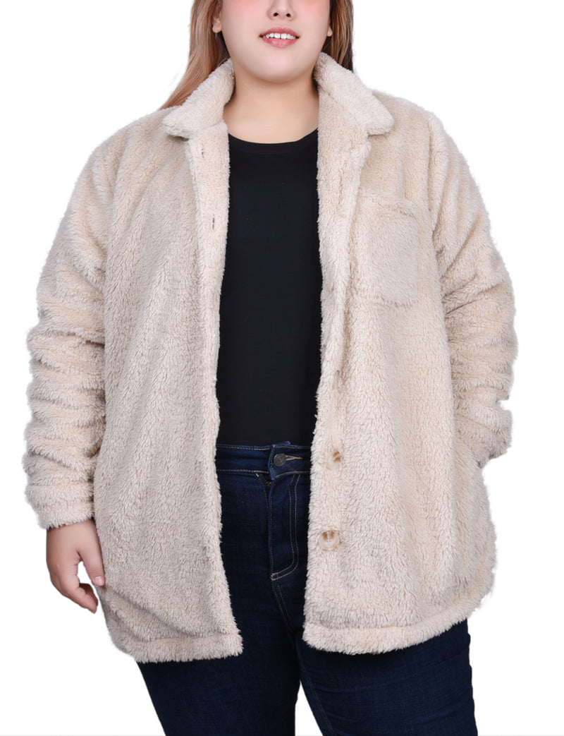 Plus Size Long Sleeve Button Front Sherpa Jacket – NY COLLECTION