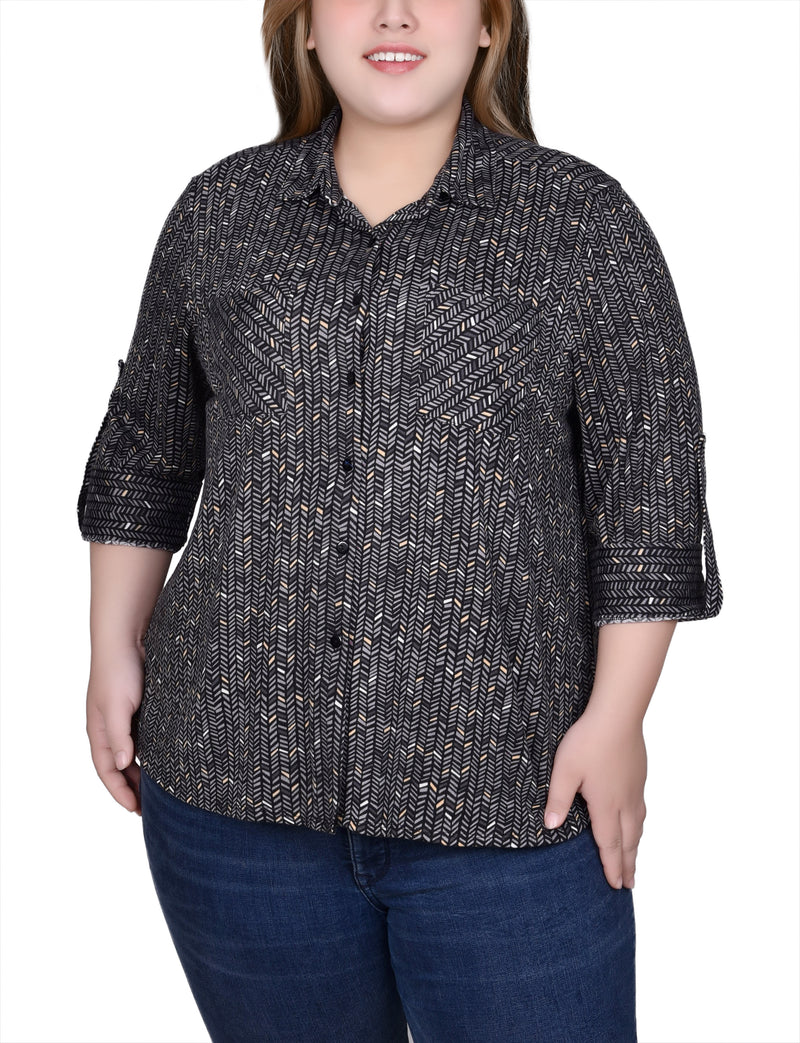 Plus Size Long Sleeve Button Front Tunic Top