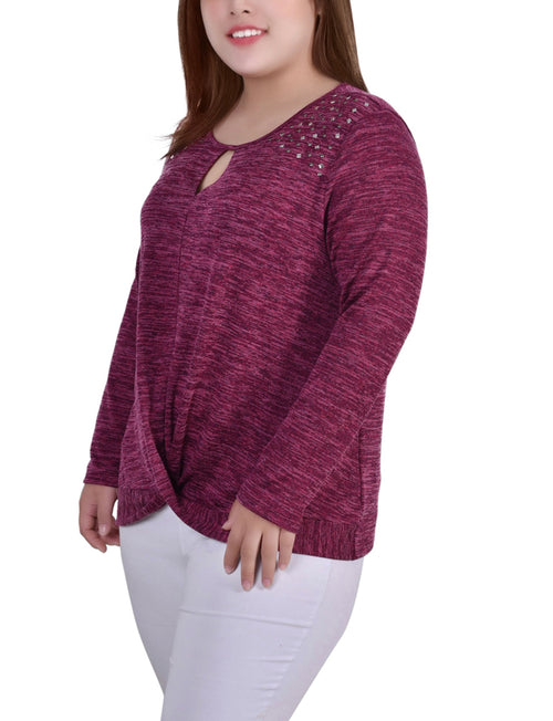 Plus Size Long Sleeve Knit Keyhole Top With Studs