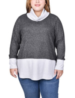 Plus Size Long Sleeve Cowl Neck Colorblocked Top