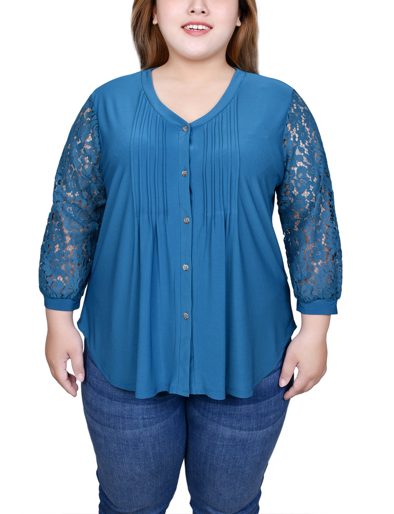 Plus Size Lace-Sleeve V Neck Top