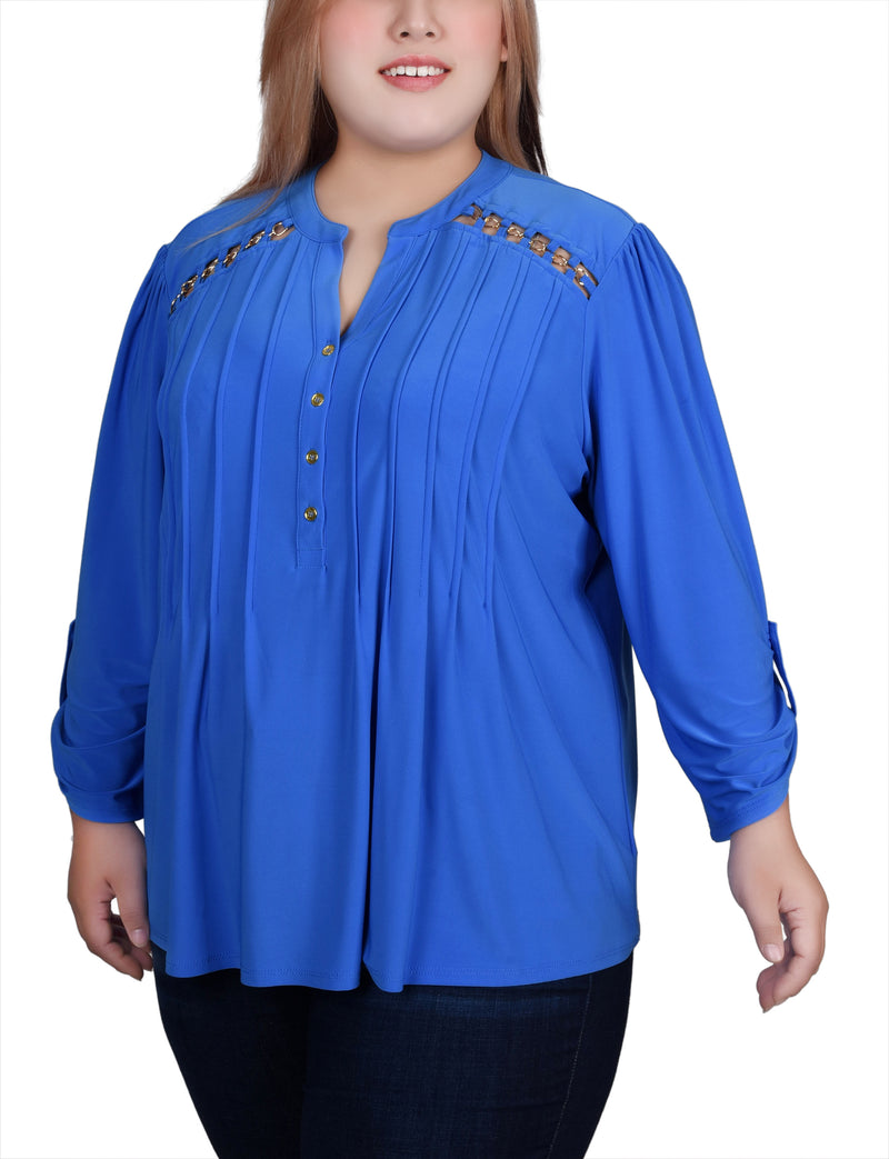 Plus Size Long Sleeve Pintuck Front Top With Chain Details