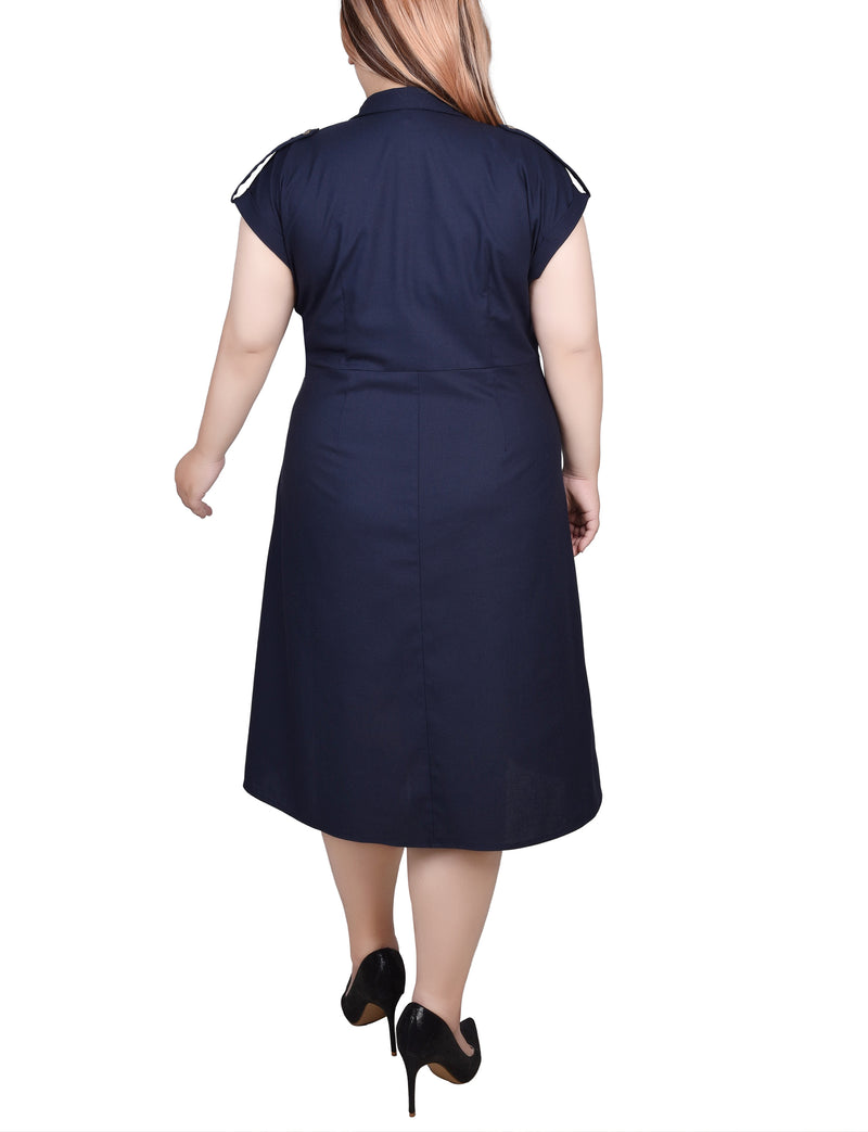 Plus Size Short Sleeve Button Front Linen Dress