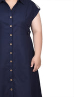 Plus Size Short Sleeve Button Front Linen Dress