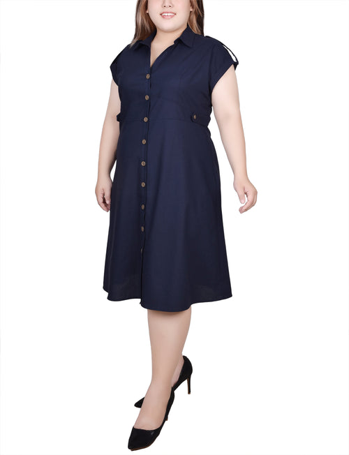 Plus Size Short Sleeve Button Front Linen Dress