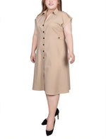 Plus Size Short Sleeve Button Front Linen Dress