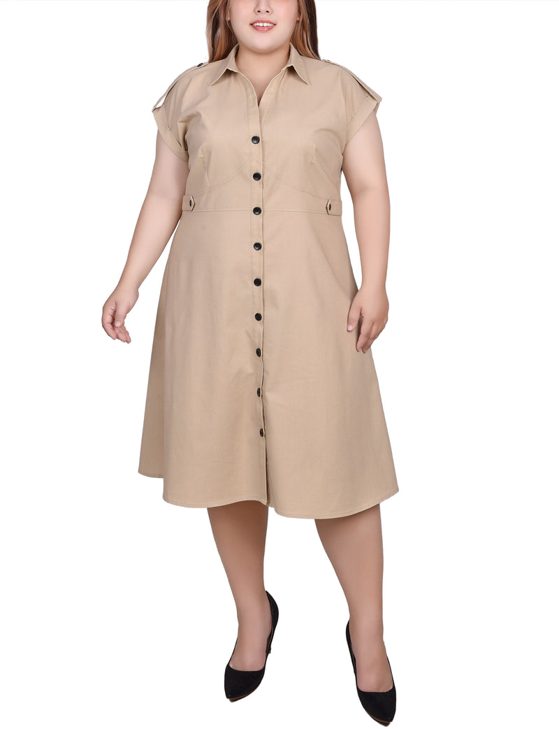 Plus Size Short Sleeve Button Front Linen Dress