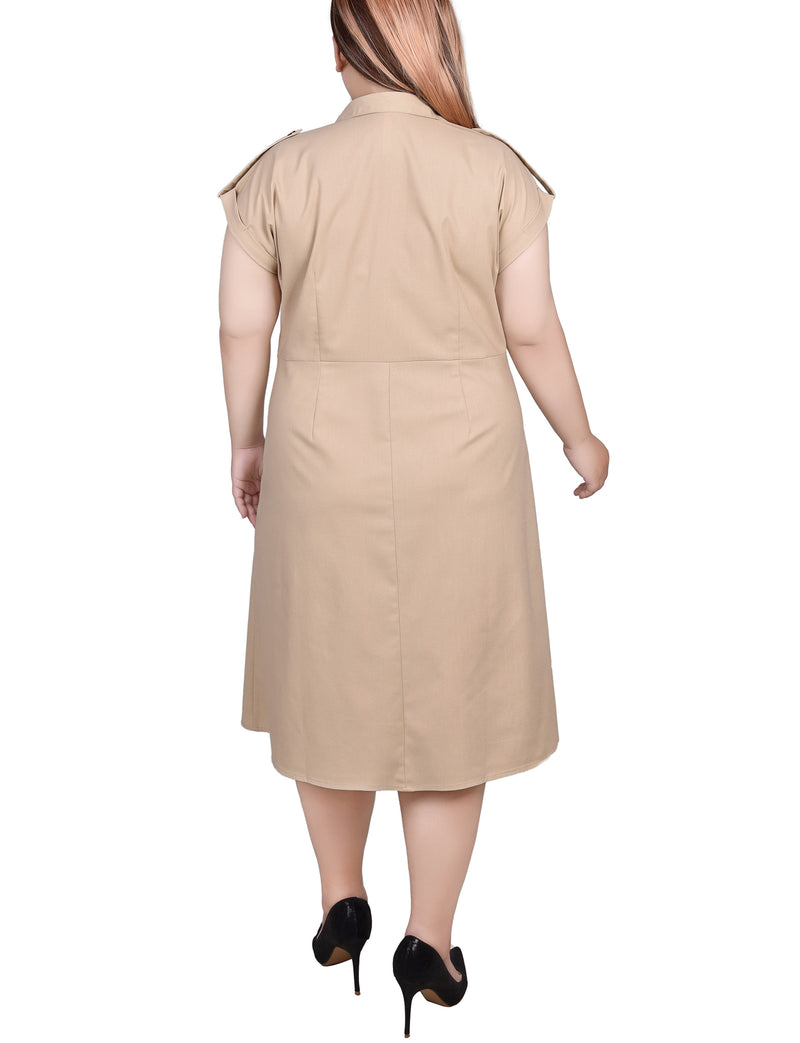 Plus Size Short Sleeve Button Front Linen Dress