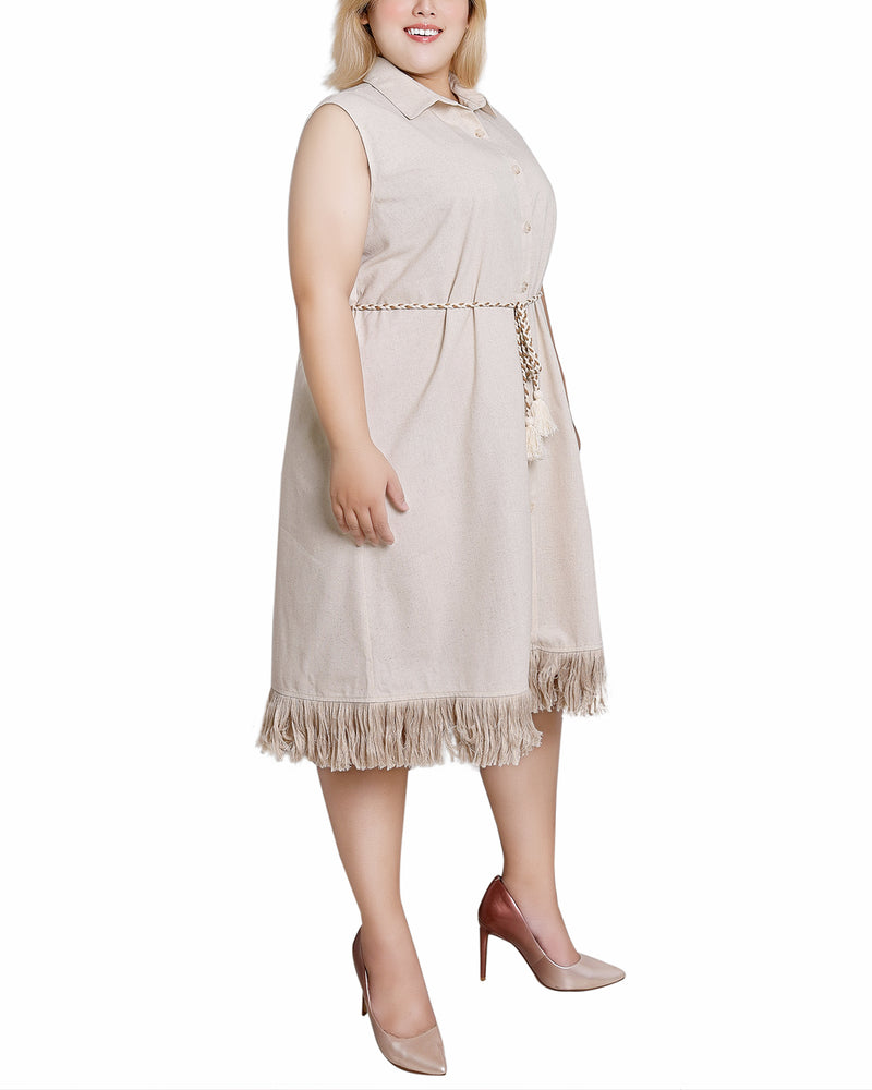 Plus Size Sleeveless Fringed Hem Dress