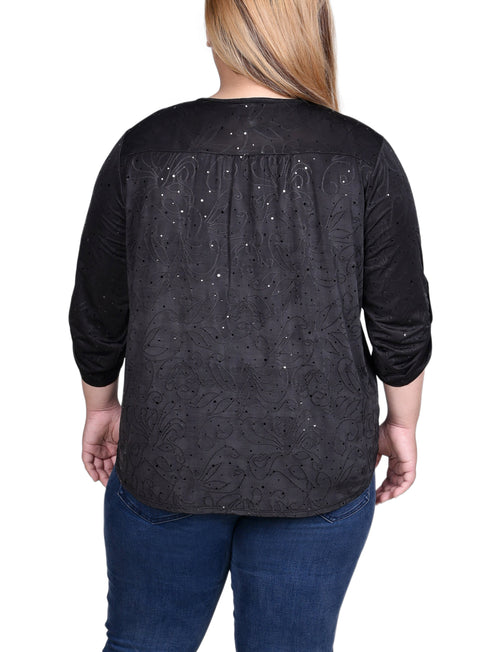 Plus Size 3/4 Roll Tab Zip Front Jacquard Knit Top With Disco Dots