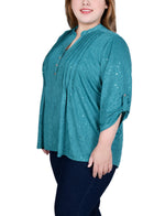 Plus Size 3/4 Sleeve Roll Tab Y Neck Top