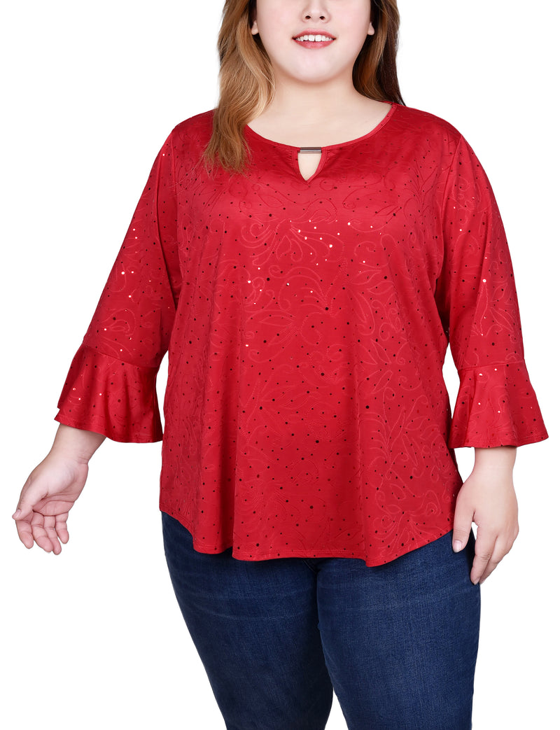 Plus Size 3/4 Bell Sleeve Top With Hardware