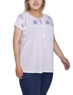Plus Size Embroidered Yoke Extended Sleeve Top