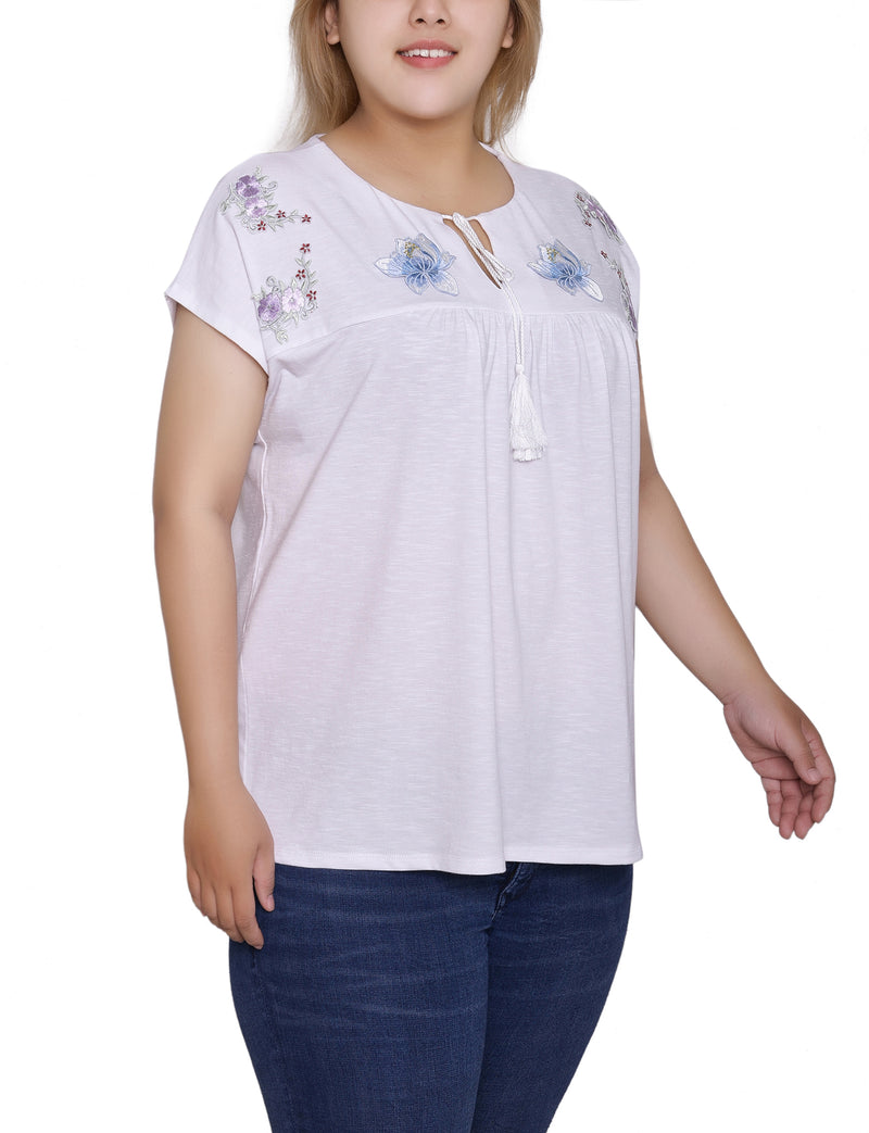 Plus Size Embroidered Yoke Extended Sleeve Top
