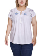 Plus Size Embroidered Yoke Extended Sleeve Top