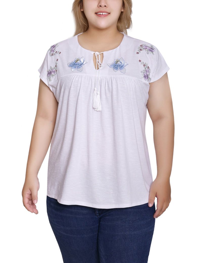 Plus Size Embroidered Yoke Extended Sleeve Top