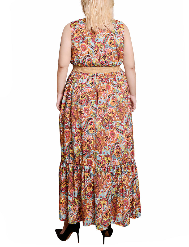 Plus  Sleeveless Belted Midi Dress