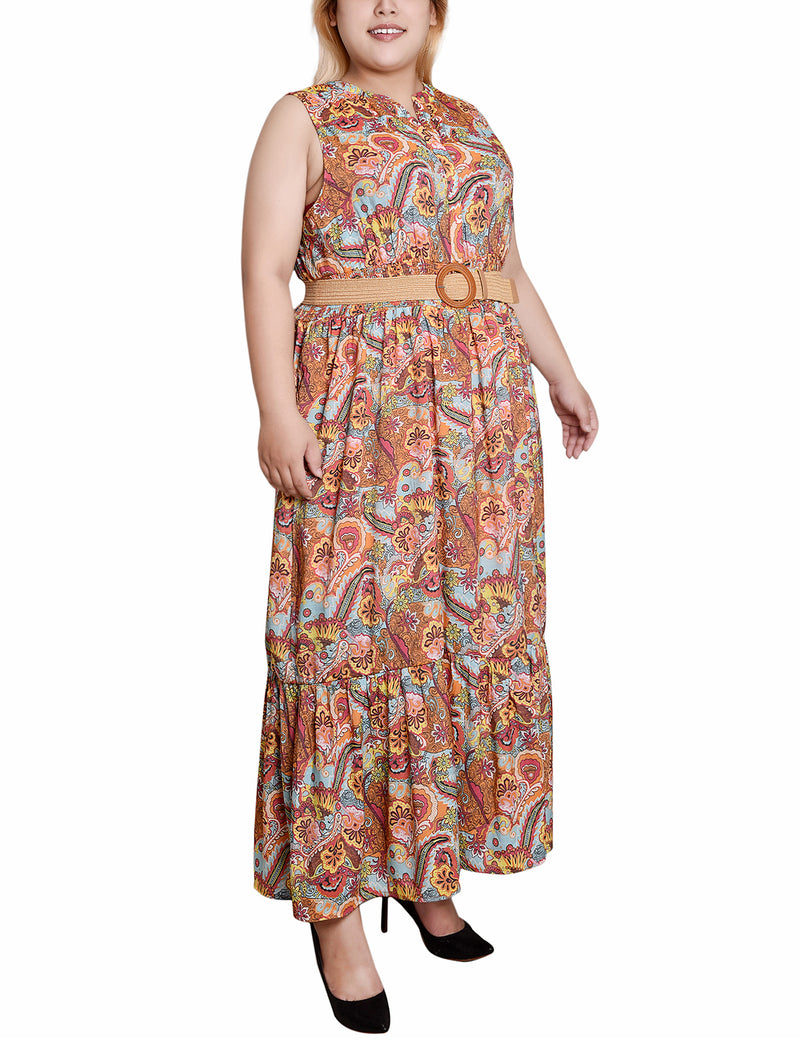 Plus  Sleeveless Belted Midi Dress