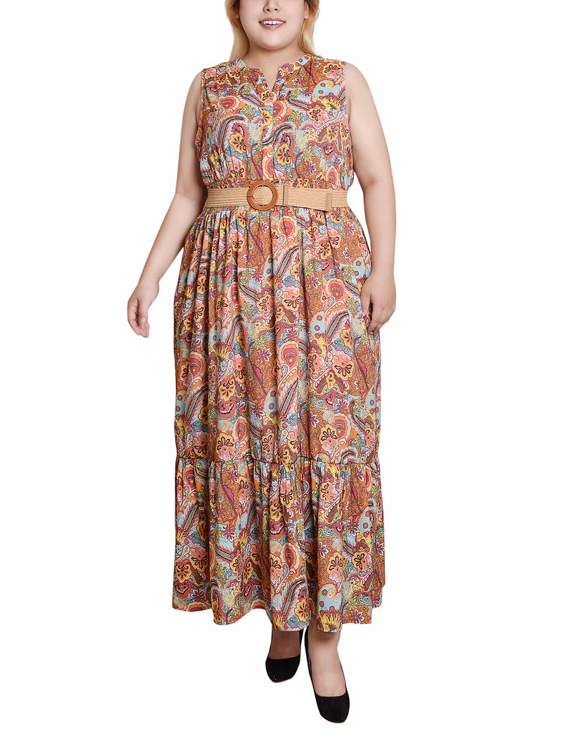 Plus  Sleeveless Belted Midi Dress