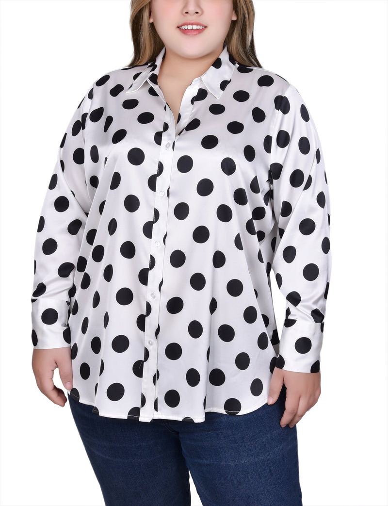Plus Size Long Sleeve Dotted Satin Blouse